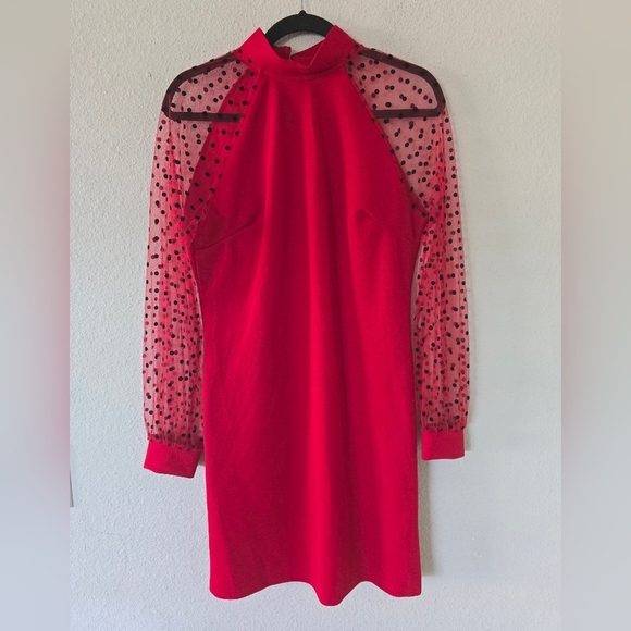 Shein Contrast Dress Womens Sz L Red Dolby Mesh Cap Sleeves Dark Romantic - Picture 7 of 11